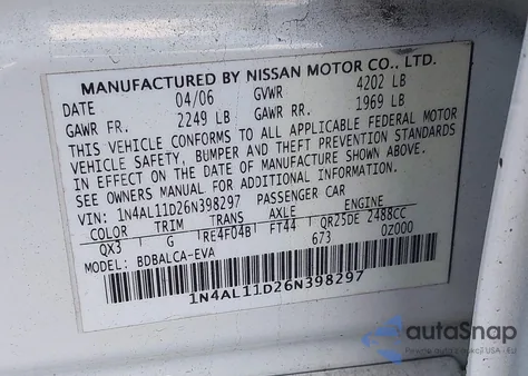 2006 Nissan Altima 2.5 S z USA, uszkodzony, nr VIN 1N4AL11D26N398297